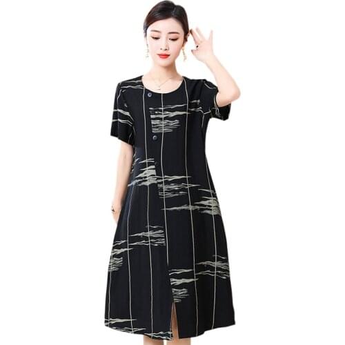 5XL Women Vintage Linen Dress 2021 Summer O Neck Short Sleeve print Pockets Casual Loose Dresses Oversized Vestidos