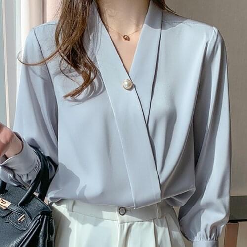 Blusas Blouses Femme Top Long Sleeve Chiffon Blouse Shirt Tops Women Blusas Mujer De Moda 2021 Beading V-Neck Blouse Women E743