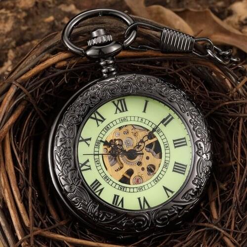 Retro Skeleton Black Hollow Mechanical Pocket Watch Mens Clock FOB Waist Chain Luminous Roman Dial Hand Wind Mechanical Watches