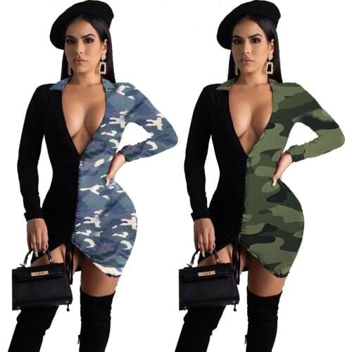 Chiclover Patchwork Camouflage Street Dresses for Women Wholesale Long Sleeve Zipper Bodycon Dress Stretchy Shirring Mini Dress