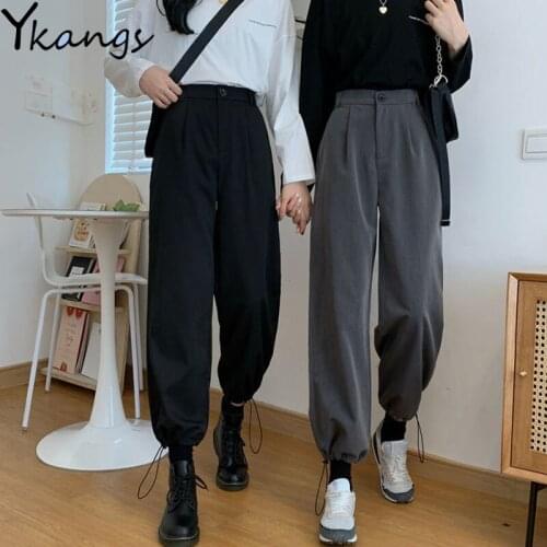 With Belt Pocket Elastic High Waist Casual Joggers Women Baggy Pants Korean Fashion Gothic Vintage Sweat Harem Trousers Female