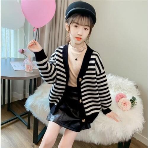 Girls cardigan autumn new baby girls black white v collar striped sweater kids top children sweater outwear clothing