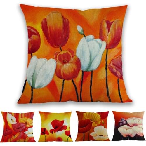 Oil Painting Style Red And White Poppy Tulip Flowers Pillow Case Home Hotel Sofa Chair Decoration Cushion Cover