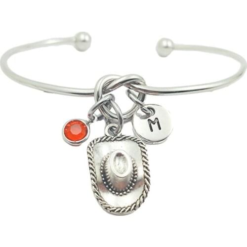 Cowboy Hat Retro Creative Initial Letter Monogram Birthstone Adjustable Bracelet Fashion Jewelry Women Gift Pendant