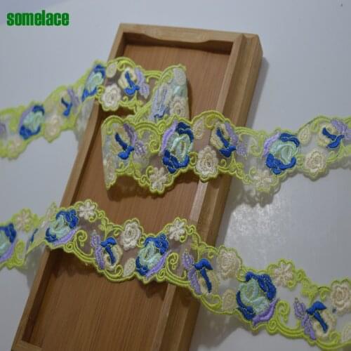 Somelace 4cm wide(2yds/lot)green wavy edge color mixed floral venice lace Hight quality lace fabrics embroidered lace18051203
