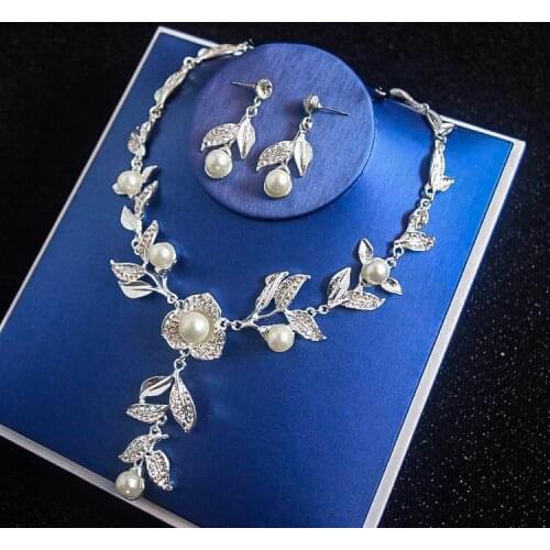 Le Liin Crystal Pearls Bridal Jewelry Sets Silver Leaf Necklace Earrings Wedding Jewelry Sets Accessories