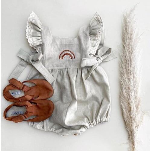 Summer Infant Baby Girl Boy Bodysuit Embroidery Rainbow Bowknot Waist Jumpsuit Cute Ruffles Fly Sleeve Backless Baby Bodysuit