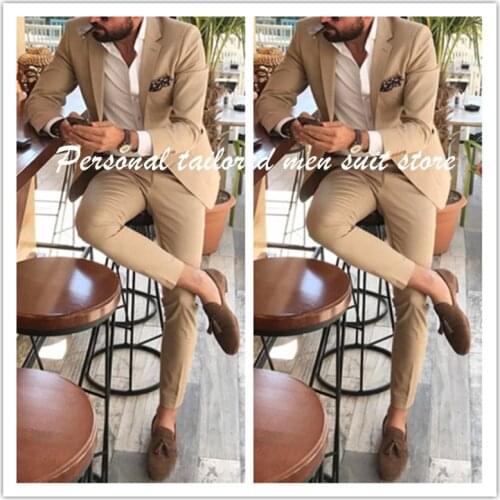 Khaki Men Suits for Wedding 2 Pieces 2020 Custom Made Business Suit Blazer Peak Lapel Costumize Men Party Suits(Jacket+Pant)