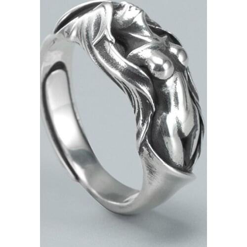 S925 silver niche design men retro humanoid sexy charm goddess without mosaic opening adjustable ring