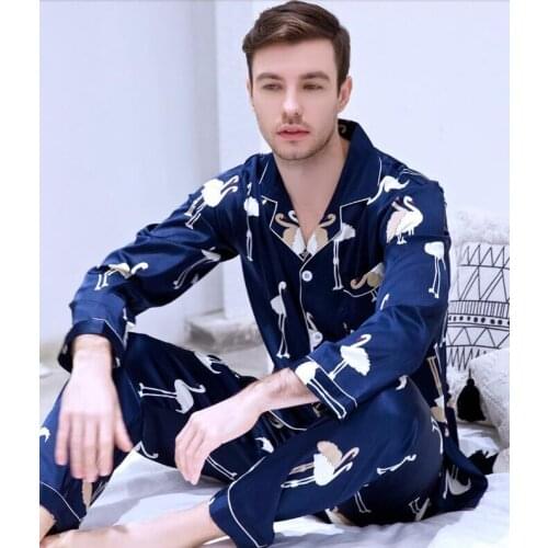 Mens Long-sleeved Suit Set Sleepwear Plus Size Ice Silk Satin Home Clothes All Seasons Leisure Youth Students Nightwear J038
