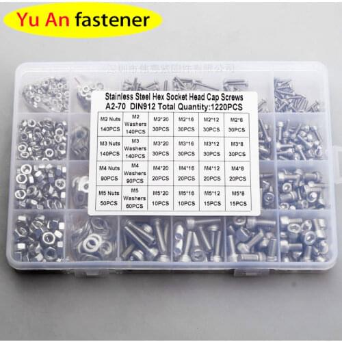 Cup Head Allen Bolt Hex Socket Round Cap Head Screw And Nut Assortment Kit Set M2 M3 M4 304 Stainless Steel Set 1220 pcs