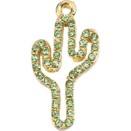 Zinc Based Alloy Cactus Pendants Plant Charms Gold Color With Micro Pave Green Rhinestone 27mm x 14mm For DIY Jewelry, 2 PCs