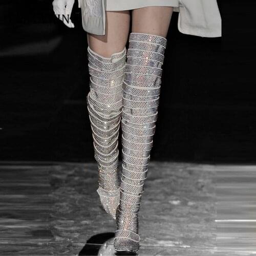 2020 Newest Women Luxurious Rhinestone Over the Knee High Boots Crystal Long Thin High Heel Boots Crystal Long Boots Dress Shoes