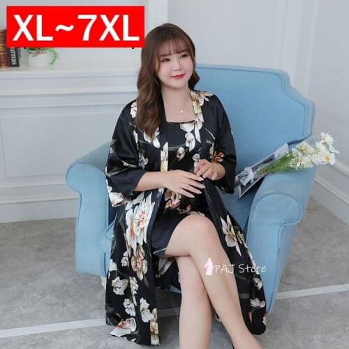 5XL 6XL 7XL Large Sizes 2Pc Silk Satin Robe Sleep Suit Womens Pajamas Gown Set Sleepwear Pijama Home Nightwear Summer Nightdress