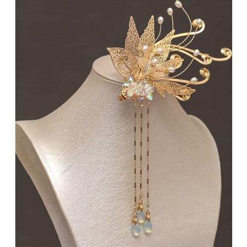 Gold Color Metal Flower Leaf Hairpins Clips Long Tassel Ancient Chinese Hairgrips Bride Noiva Wedding Hair Accessories FORSEVEN