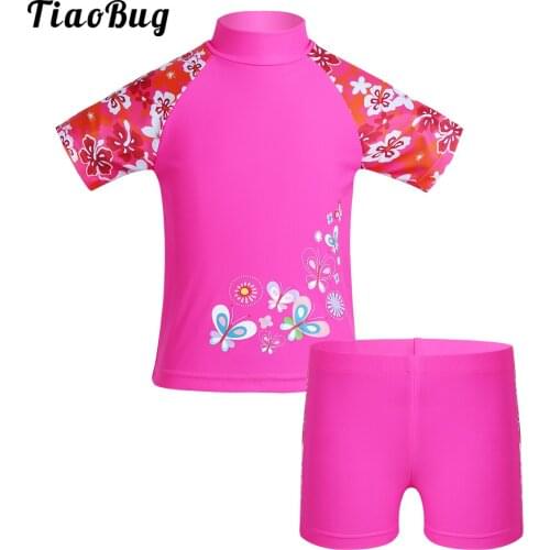 TiaoBug 2Pcs Girls Tankini Floral Printed Swimsuit Swimwear Set Short Sleeve Stand Collar Tops With Bottoms Bathing Suit