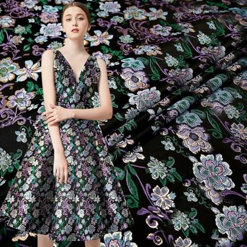 HLQON new arrival gold line yarn dyed brocade jacquard green flower fabric for dress women clothing tissue patchwork 145cm width