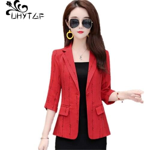 UHYTGF Fashion Women Jacket Striped Small Suit Summer Coat Female White Black Red Casual Thin Tops Short Plus Size Outerwear1409