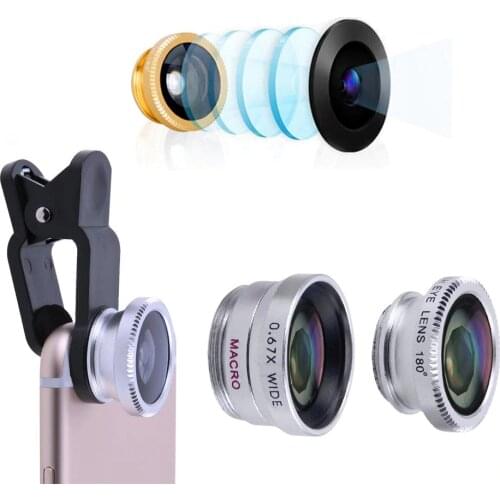 3-in-1 Universal Mobile Phone Lens Fish Eye+Wide Angle+Macro Camera Lens Clip Lens Kit Cellphone Mobile Phone Camera Cover