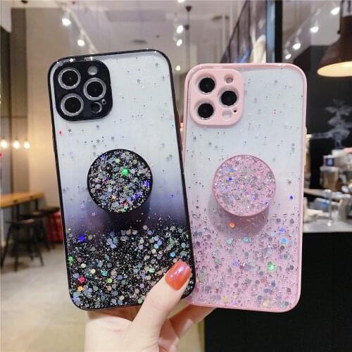 Camera Protection Phone Cases For iPhone 12 11 Pro XS Max XR X 8 7 6 6S Plus SE 2020 Bling Glitter Soft Clear Stand Holder Cover