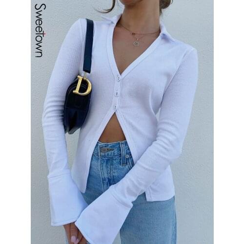 Sweetown White Solid Polo-Neck Ribbed Shirts Female Button Up Slim Casual Tops And Blouses V Neck Long Sleeve Basic Autumn Tees