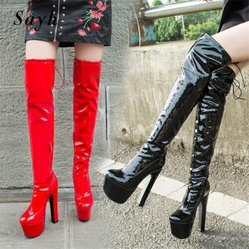 Woman Platform High Heels Knee High Boots Winter Boots Over The Knee Boots Patent Leather Boots Party Clubwear Shoes Size Plus
