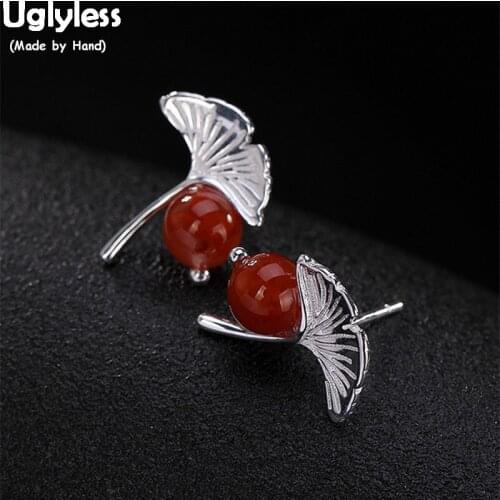 Uglyless Ginkgo Leaf Stud Earrings for Women Natural Agate Ball Studs Handmade 100% Real Solid 925 Silver Fine Jewelry Gemstones