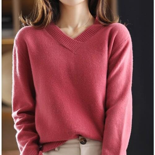 2021 Autumn and Winter New Cashmere Sweater Woman V-Neck Pullover Casual Knitted Tops 100% Pure Wool Female Jacket Long Sleeves