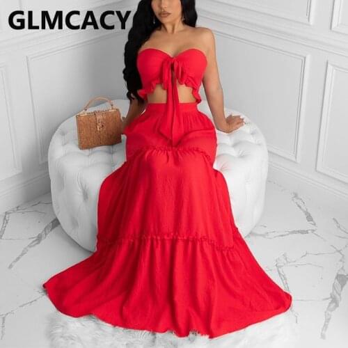 Matching Sets Two Piece Dress Women Strapless Cami Top & High Waist Skirt Solid Chic Plus Size Suit