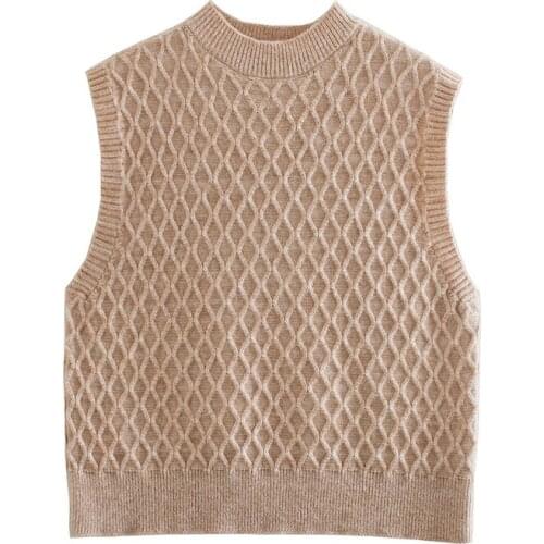 Fashion Za 2021 Women Woolen Sweaters Sleeveless Honeycomb Stitching Outwear Vest Casual Knitted Ladies Outwear Mujer