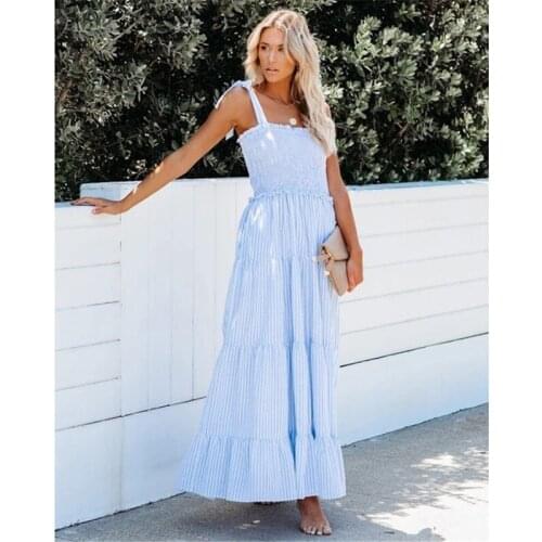 Sweet Blue Striped Long Maxi Dresses for Women Summer 2021 Ruffled Ruched Bow Sundresses Holiday Beach Dress Plus Size Clothes