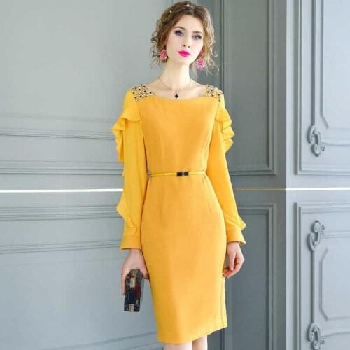 2021 Spring Summer New Style Women Elegant Yellow Dress Fashion Lotus Leaf Sleeve O-neck Slimming Office Ladies Dresses Y560