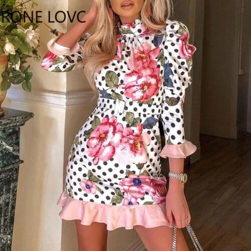 Floral Polkadot Print Bell Sleeve Ruffles Dress Women Spring Dress