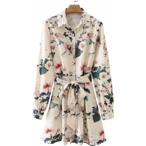YENKYE 2021 New Women Vintage Flower Print Shirt Dress Female Lapel Collar With Belt Casual Dress Summer Short Vestido Mujer