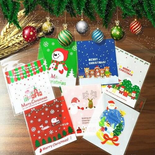100Pcs Santa Claus Christmas Tree Elk Plastic Bags Transparent Clear Gift Bags Christmas Gift Baking Candy Cookie Packaging Bags