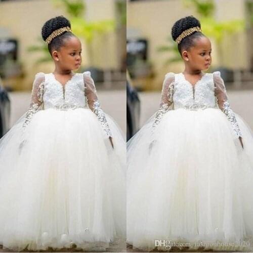 2021 New African Princess Flower Girls Dresses V Neck Lace Appliques Beaded Tulle Ball Gown Long Sleeves Girls Pageant Kids Brit