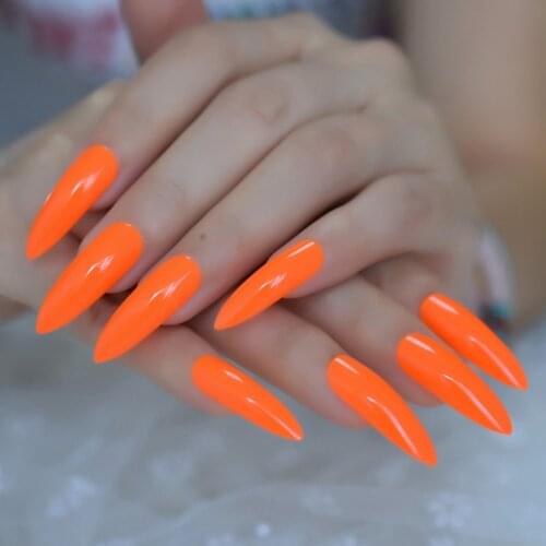 Orange Juice Extra Long Fake Nail Sharp Shiny Full Cover Unique Artificial Nail Neon For Party False Nail