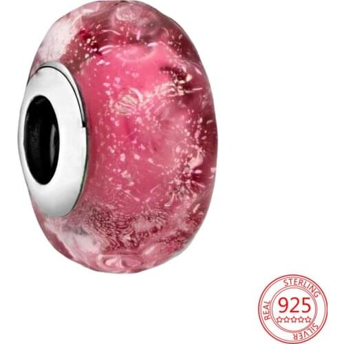 100% 925 Sterling Silver Fine Bright Pink Wavy Glass Charm Beads Fit Pandora Original Women Bracelet Bangles DIY Jewelry Gift