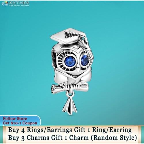 Ahthen S925 Sterling Silver Beads Wise Owl Graduation Charms fit Original Pandora Bracelets for Women Jewelry Making Gift