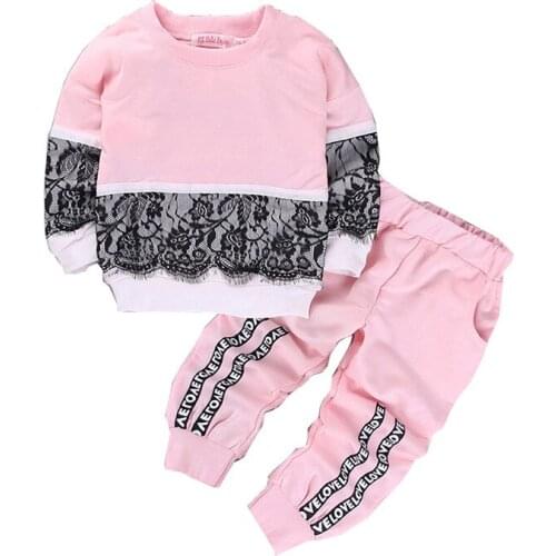 Girls long-sleeved T-shirt pants two-piece Girls spring and autumn lace decorative sweater pants suit Girl cotton two-piece suit