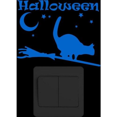 Halloween Cat Broomstick Switch Sticker Glow in the Dark Moon Stars Wall Decal Boy Girl Kids Rooms Decoration Luminous Sticker