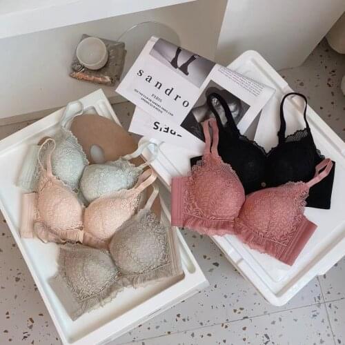 Wire Free Full Lace Push Up Lingerie No Steel Ring Small Chest Gathered Sexy Bra Soft Top Thin Bottom Thick Women Underwear Set