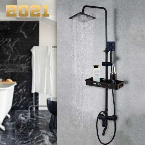 Matte Black Rainfall Shower Faucet Set Paint Black Bathtub Shower Mixer Faucet & Storage Shelf Bathroom Mixer Faucet Set
