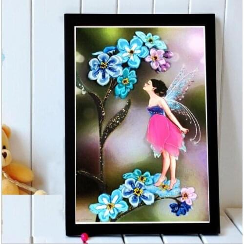 50X35cm Kiss Of A Fairy Ribbon embroidery painting sets handcraft embroidery circle DIY handmade needlework wall art home decor