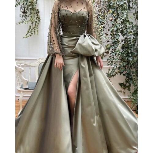 New Arrival O Neck Beaded Pearls Long Sleeve High Slit Straight Prom Dresses with Overskirt