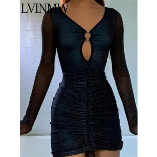 LVINMW Sexy Skinny Low Cut Mesh Sleeves Shirring Mini Dress Hollow Out Patchwork Lace Up Dresses Women Metal Ring V Neck Outfits