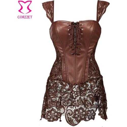Skirted Lace With Brown Leather Steampunk Corset Dress Gothic Clothing Sexy Korsett For Women Corsets Plus Size Lingerie 6XL