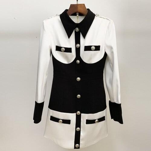 Style New of hot 2021 autumn winters lion button rivet button color butyl satin dress black and white color bump buttock