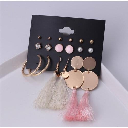 9Pairs Rhinestone Faux Pearl Tassel Circle Dangle Ear Hook Earrings Jewelry