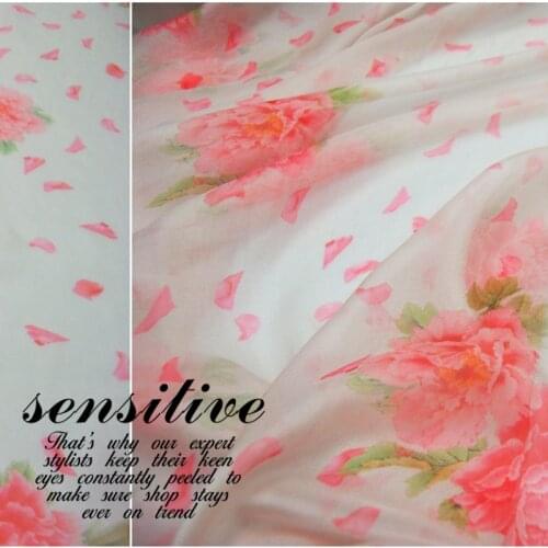 Silk Chiffon Fabric Dress Large Wide Beige Flower Real 100% clothing Cloth DIY Sewing Tissue
